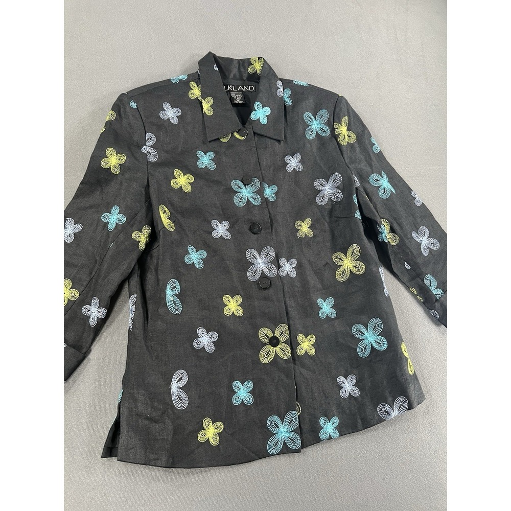 Silkland Vintage 90s Linen Embroidered Button Up Top Black Floral Size 4
